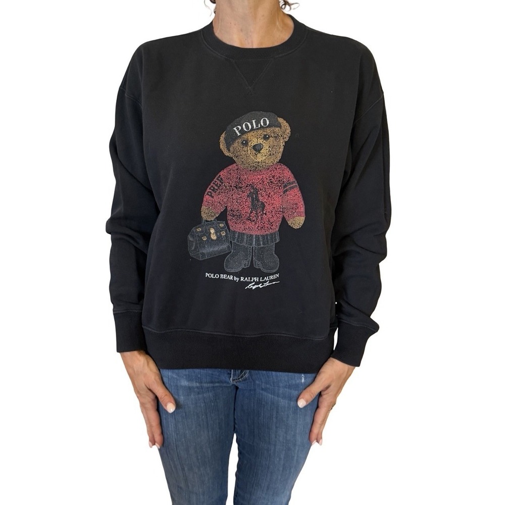 Polo Bear Prep  Ralph Lauren Women's Small  Black Logo Preppy Crew Sweatshirt